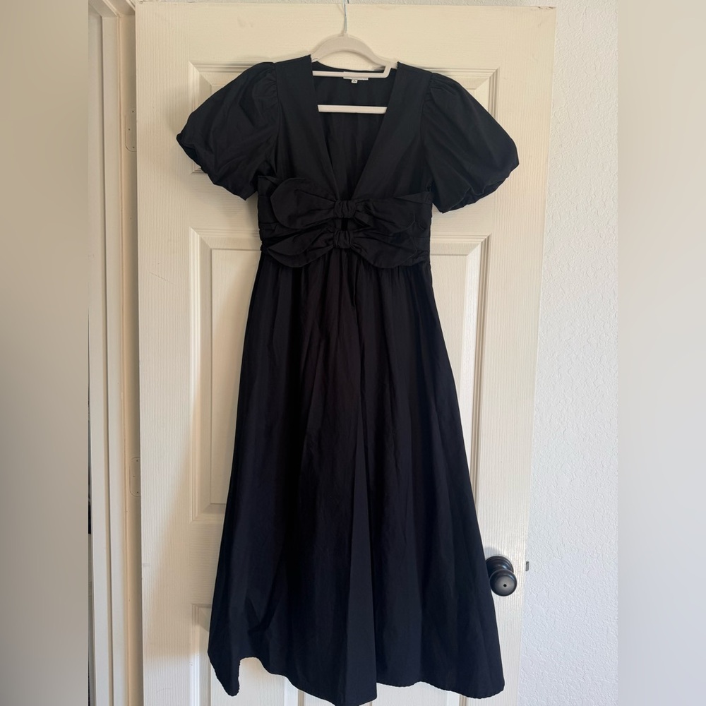Moon River Black Dress front bows with Puff Sleeves
